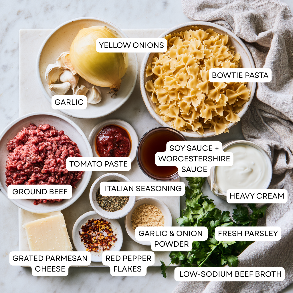 Creamy Tomato Garlic Parmesan Ground Beef Bowtie Pasta Recipe-Ingredients