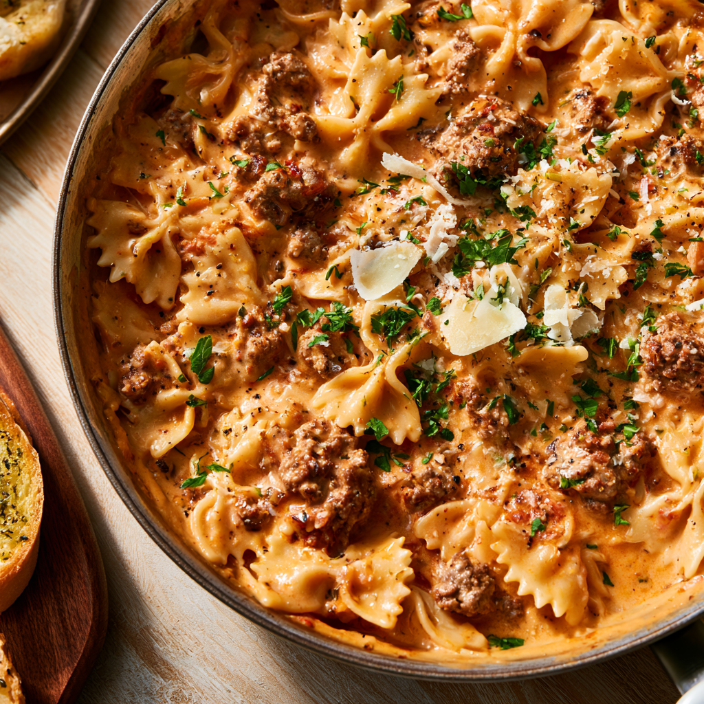 Creamy Tomato Garlic Parmesan Ground Beef Bowtie Pasta Recipe-One Pot