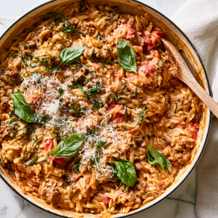 Creamy Tomato Ground Beef Orzo-one pan