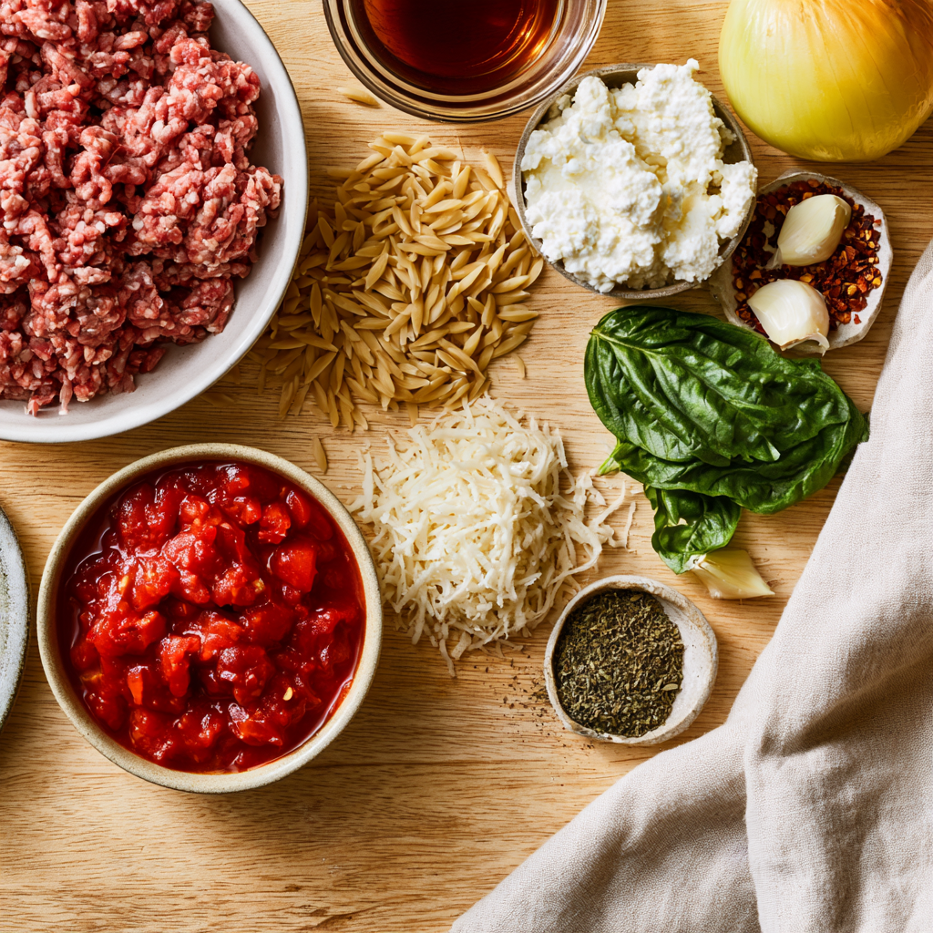 Creamy Tomato Ground Beef Orzo-ingredients