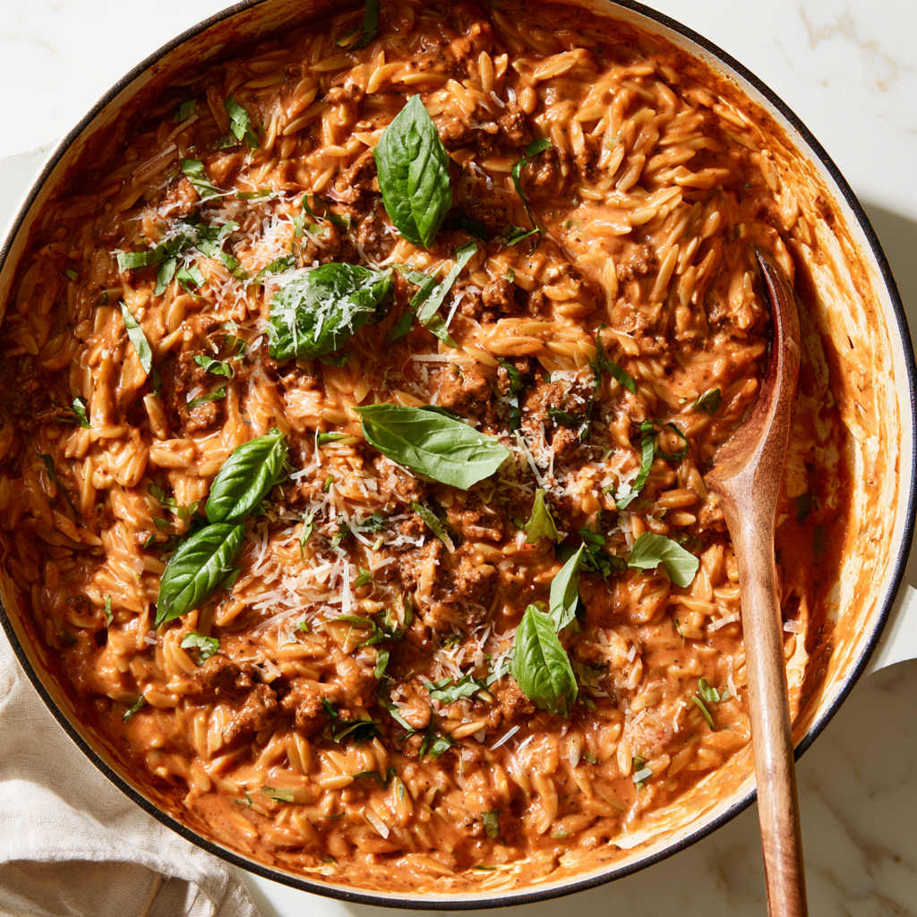 Creamy Tomato Ground Beef Orzo-one pan