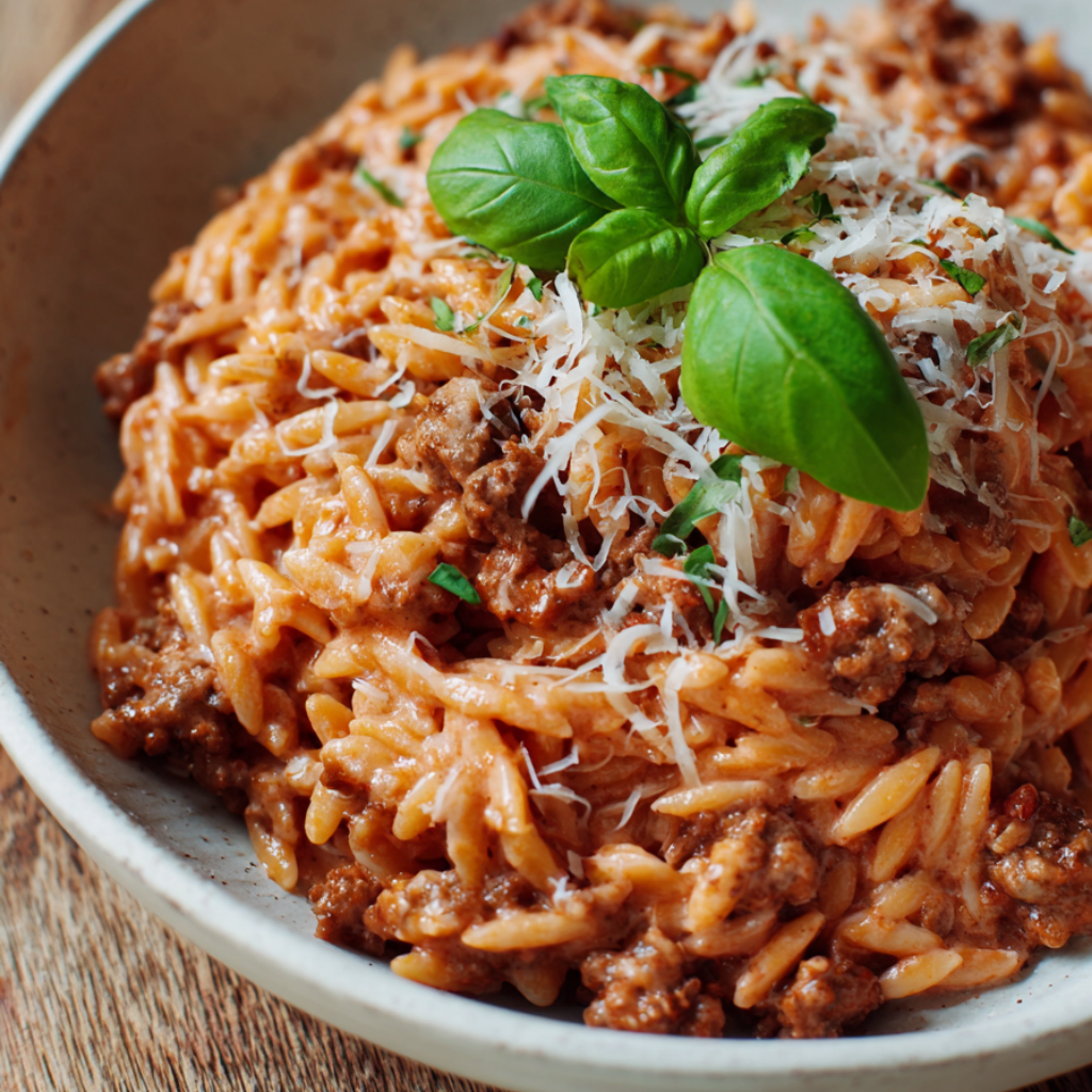Creamy Tomato Ground Beef Orzo-plated