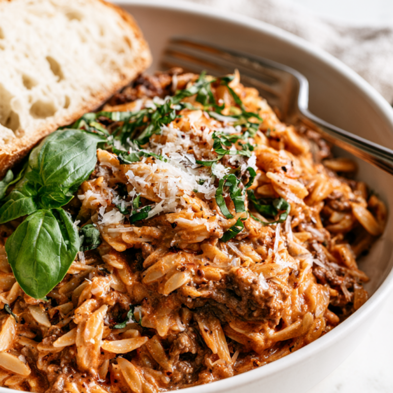 Creamy Tomato Ground Beef Orzo-served
