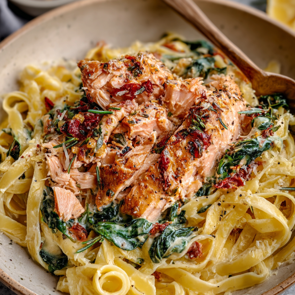 Creamy Tuscan Salmon Pasta-closeup