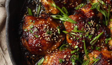 Crispy Honey Garlic Chicken Thighs in an Oven-Safe Skillet-baked