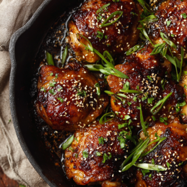 Crispy Honey Garlic Chicken Thighs in an Oven-Safe Skillet-baked