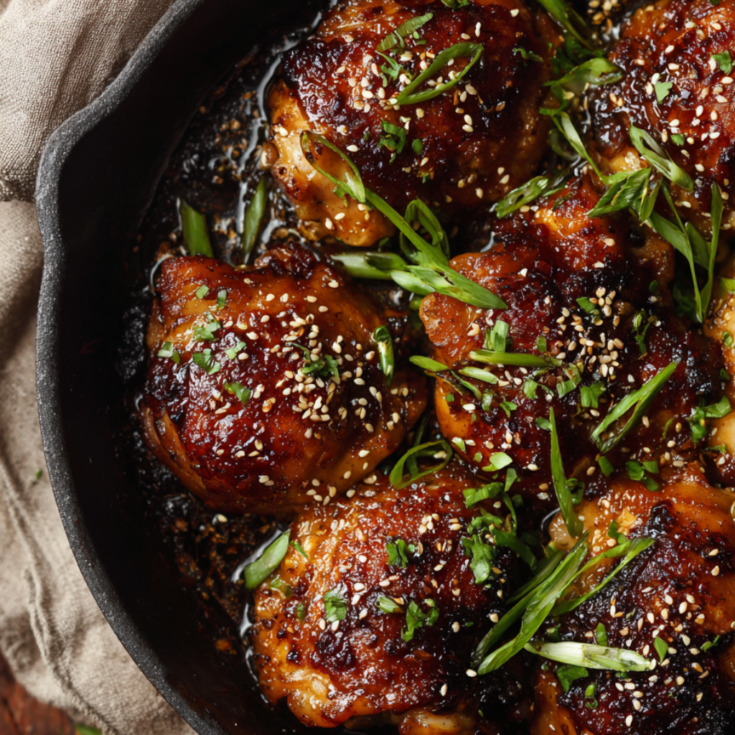 Crispy Honey Garlic Chicken Thighs in an Oven-Safe Skillet-baked