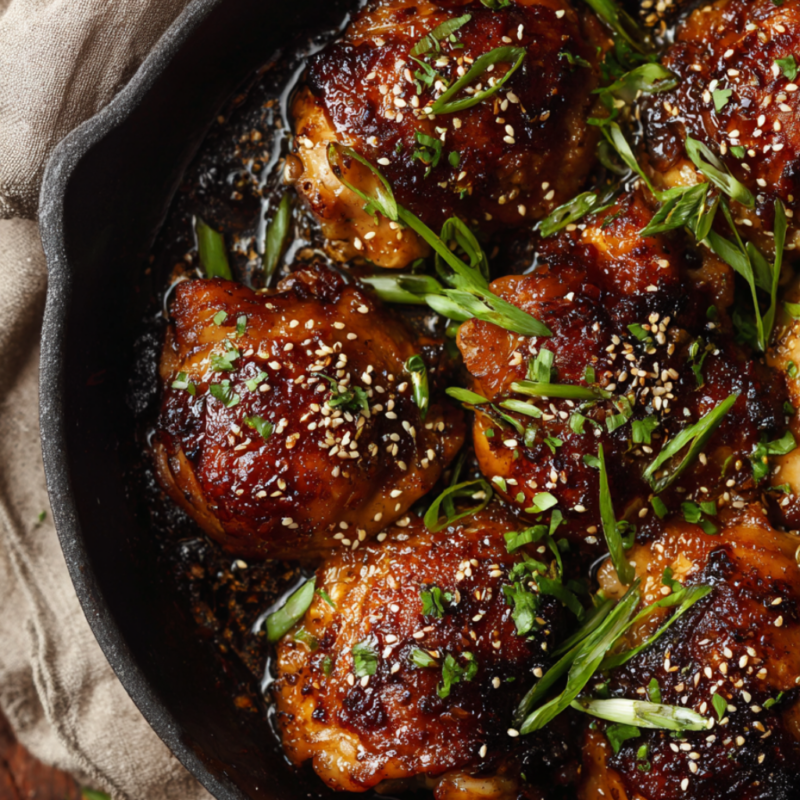 Crispy Honey Garlic Chicken Thighs in an Oven-Safe Skillet-baked