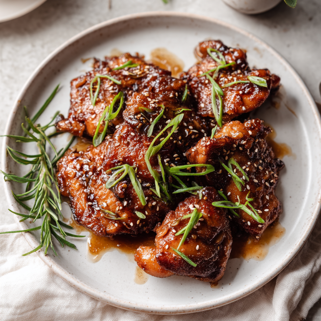 Crispy Honey Garlic Chicken Thighs in an Oven-Safe Skillet-plated