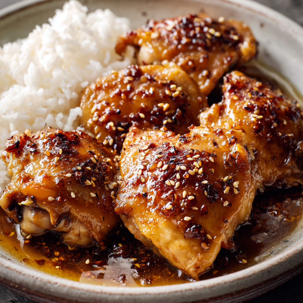 Crispy Honey Garlic Chicken Thighs in an Oven-Safe Skillet-served
