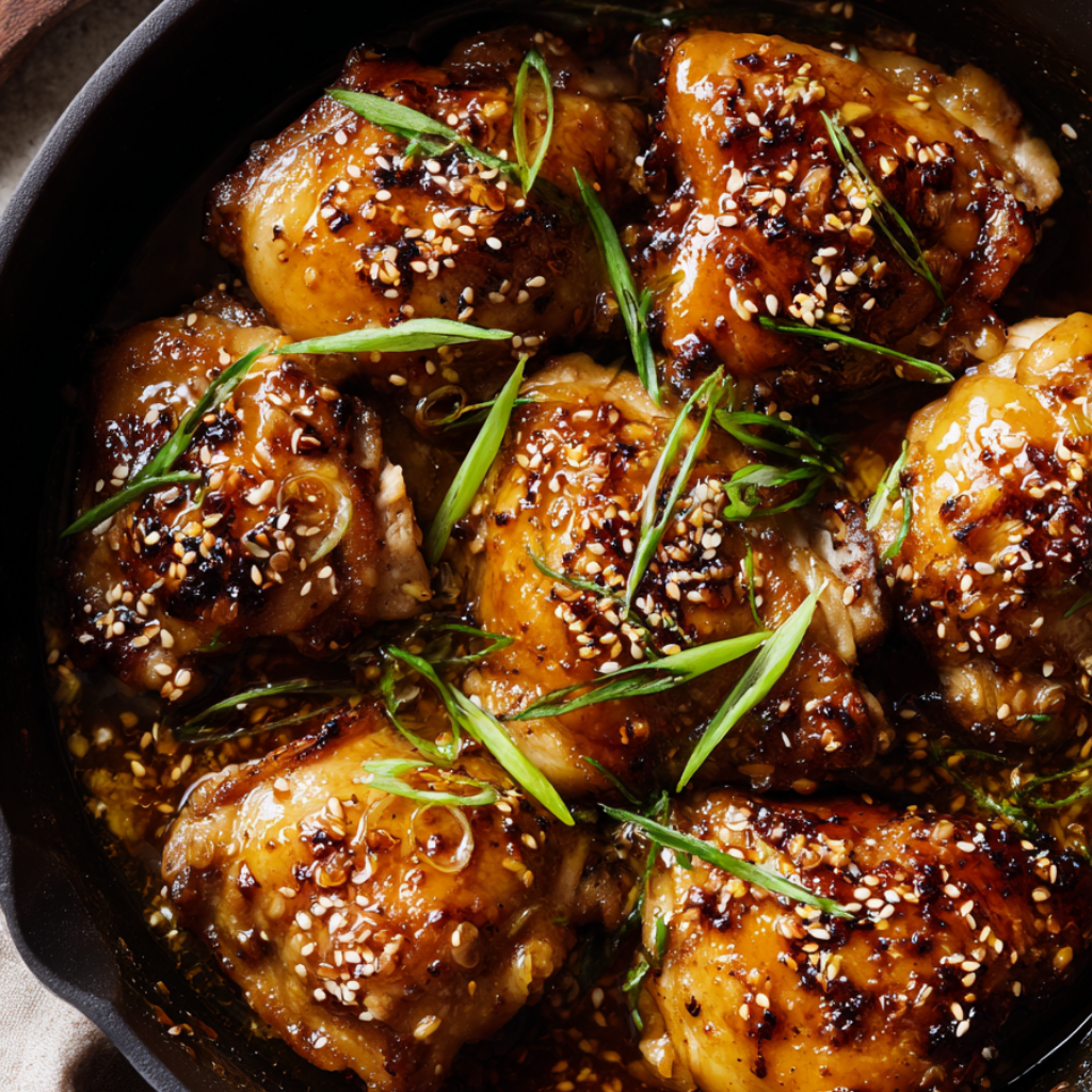 Crispy Honey Garlic Chicken Thighs in an Oven-Safe Skillet