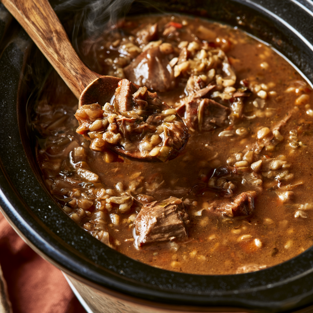 Crockpot Beef Barley Soup-scooped