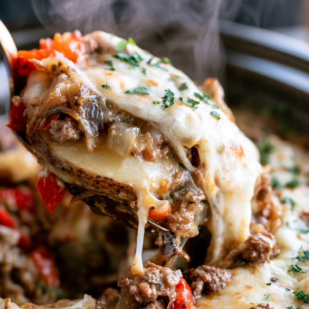 Crockpot Cheesesteak Potato Casserole Recipe-closeup