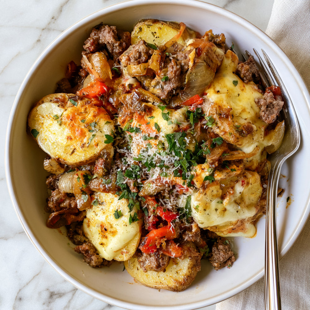 Crockpot Cheesesteak Potato Casserole Recipe-served