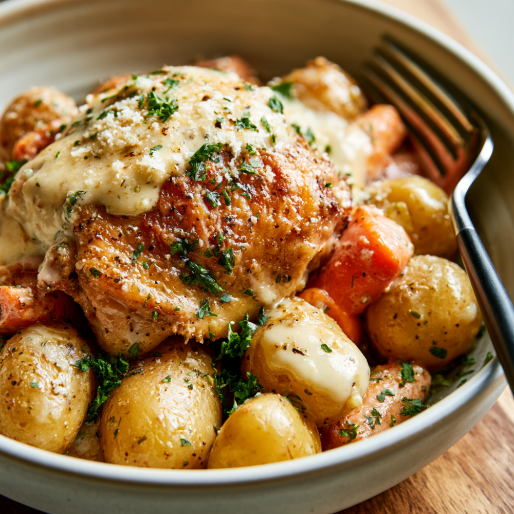 Crockpot Chicken Thighs and Potatoes-served