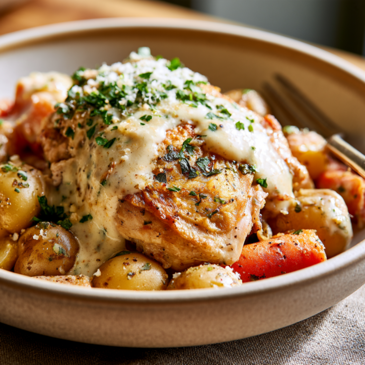Crockpot Chicken Thighs and Potatoes with garlic Parmesan sauce