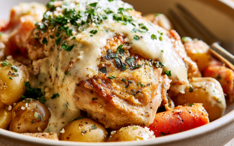 Crockpot Chicken Thighs and Potatoes with garlic Parmesan sauce