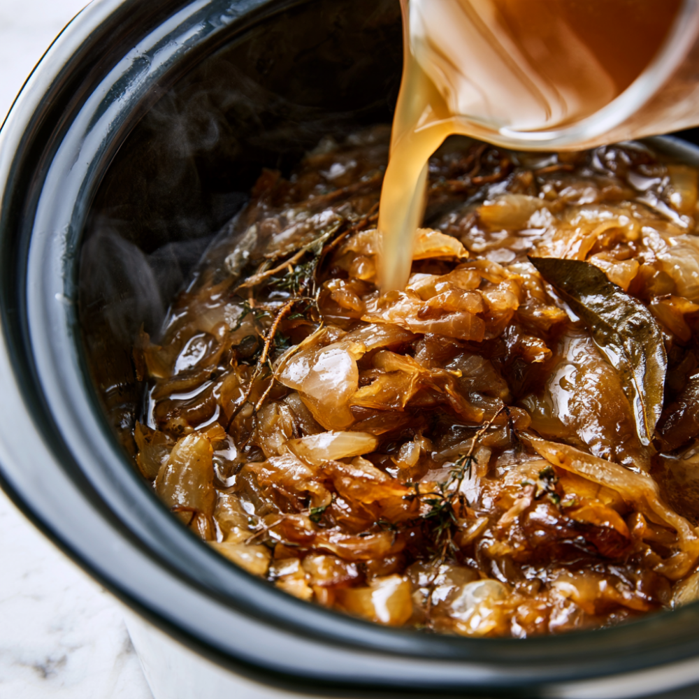 Crockpot French Onion Soup-adding bone broth