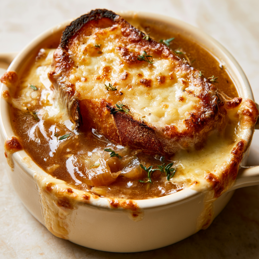 Crockpot French Onion Soup-baguette and cheese