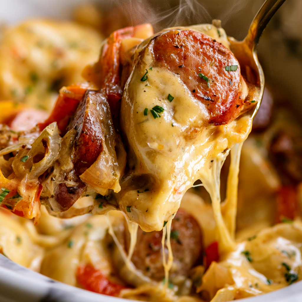 Crockpot Pierogi Casserole with Kielbasa Recipe-closeup