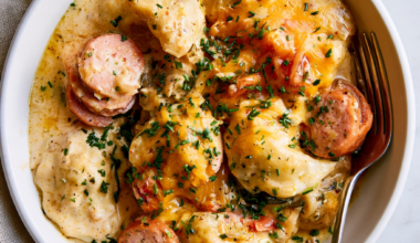 Crockpot Pierogi Casserole with Kielbasa Recipe-served