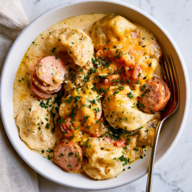 Crockpot Pierogi Casserole with Kielbasa Recipe-served