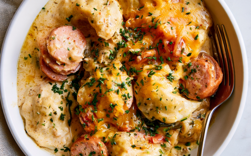 Crockpot Pierogi Casserole with Kielbasa Recipe-served