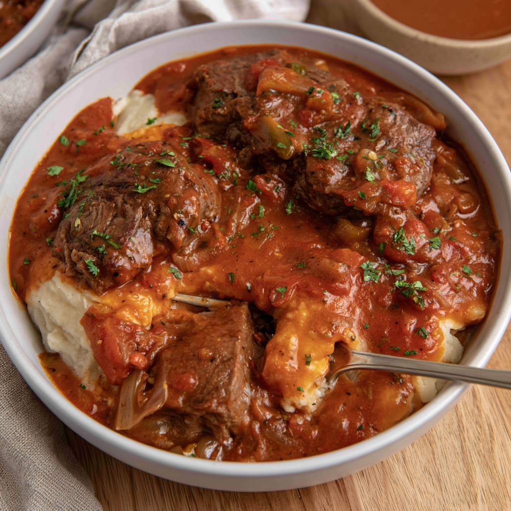 Crockpot Swiss Steak-over mashed potato