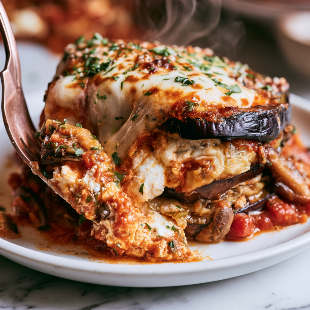 Extra cheesy eggplant lasagna, no noodles-served