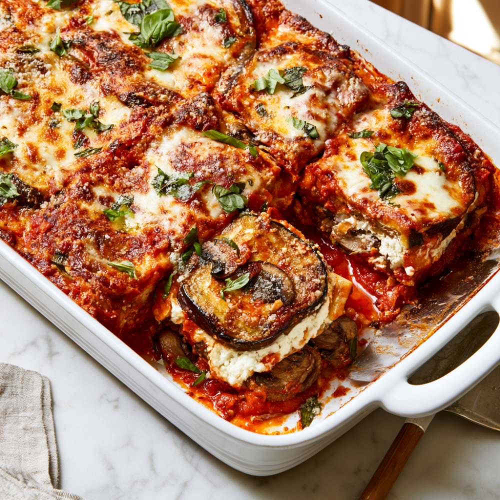 Extra cheesy eggplant lasagna, no noodles-sliced