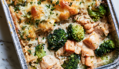 Freezer-Friendly Chicken, Broccoli & Brown Rice Casserole-baked