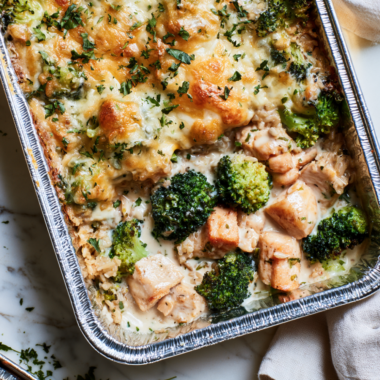 Freezer-Friendly Chicken, Broccoli & Brown Rice Casserole-baked