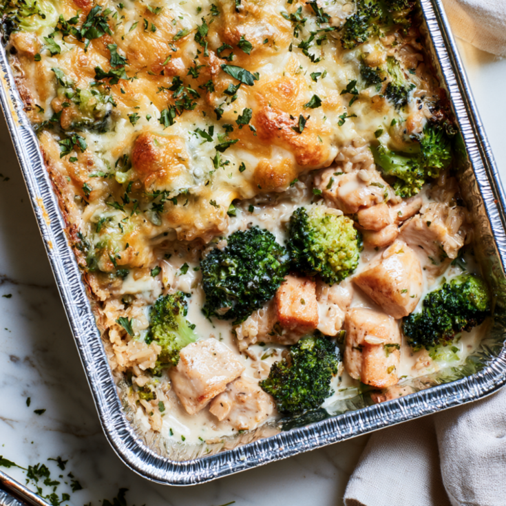 Freezer-Friendly Chicken, Broccoli & Brown Rice Casserole-baked