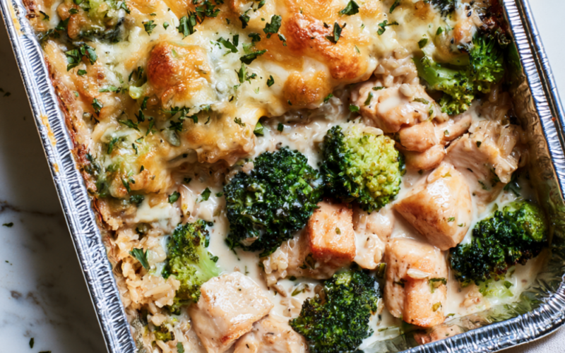 Freezer-Friendly Chicken, Broccoli & Brown Rice Casserole-baked