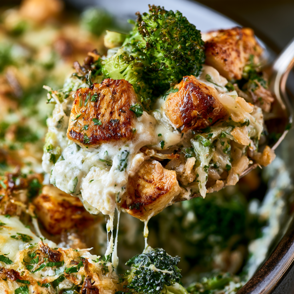 Freezer-Friendly Chicken, Broccoli & Brown Rice Casserole-closeup