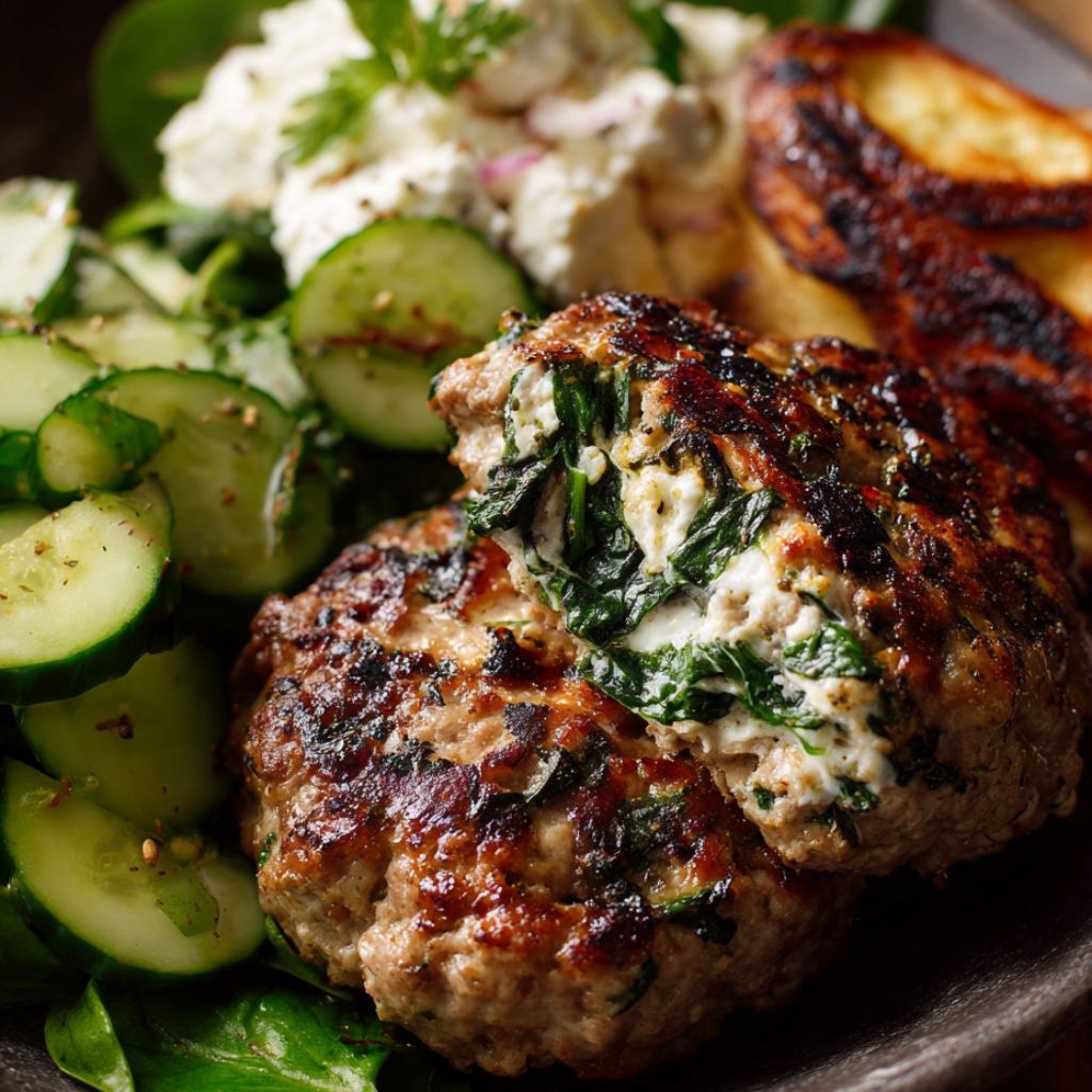Greek Turkey Burgers with Feta & Spinach-patties closeup