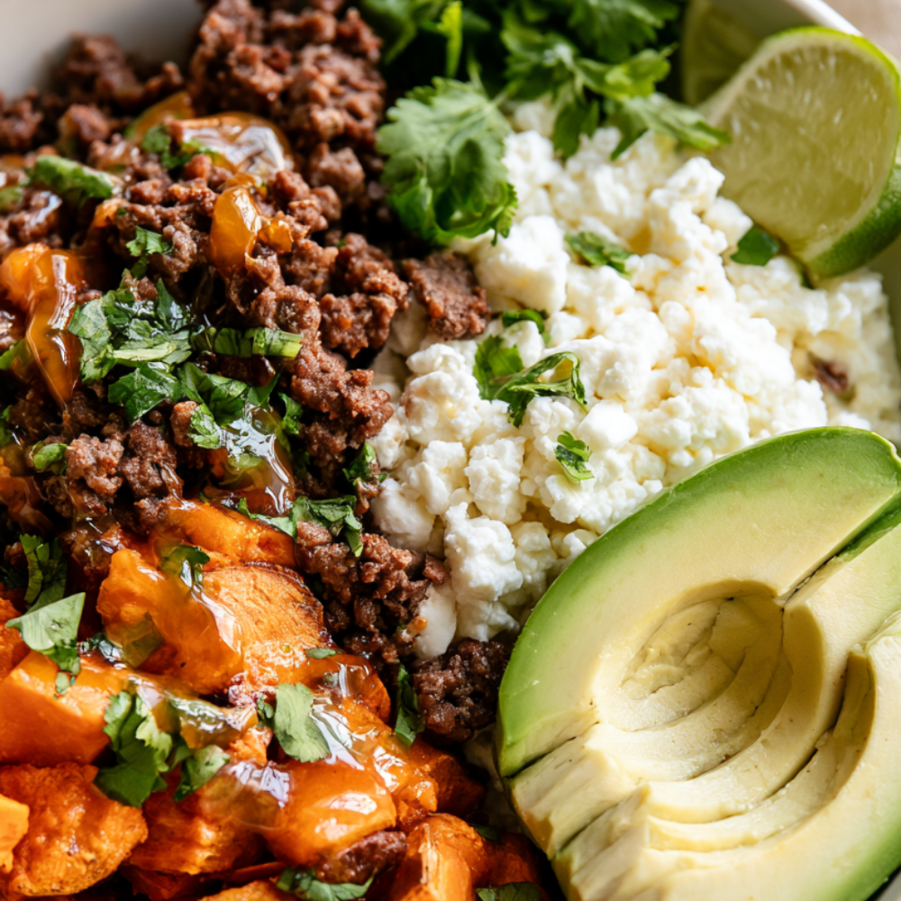 Ground Beef Cottage Cheese Bowl-close up