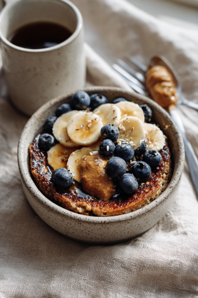 High-Protein Baked Pancake Bowl-with toppings