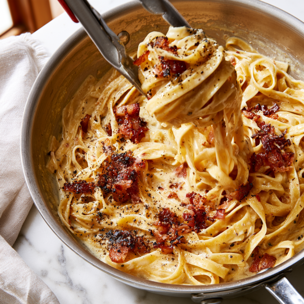 High-Protein Carbonara Pasta Recipe-tossing