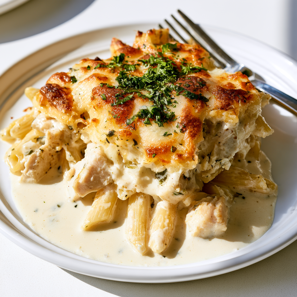 High Protein Chicken Alfredo Bake Recipe-Plated