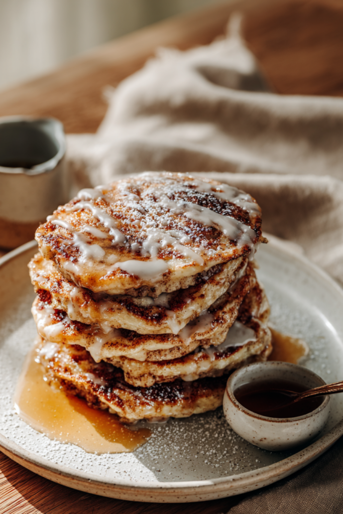 High-Protein Cinnamon Roll Pancakes-served