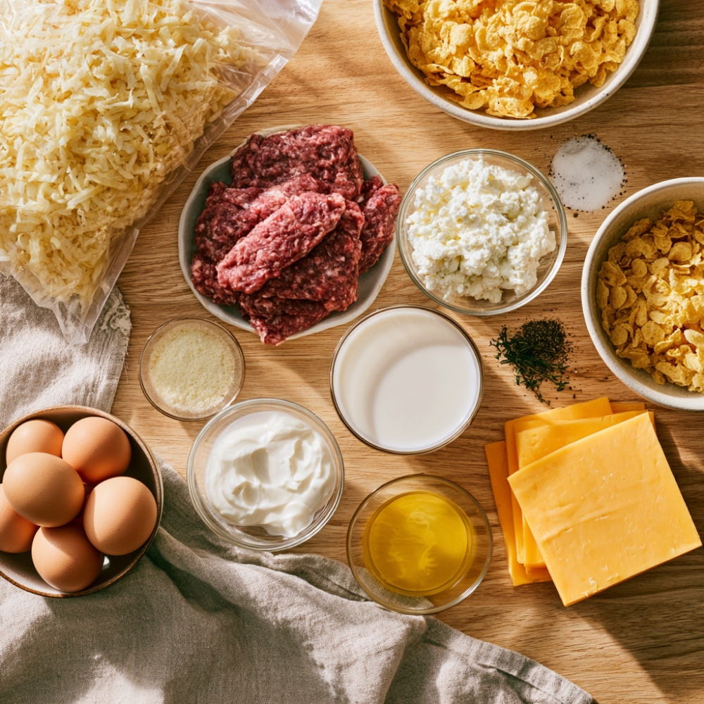 High Protein Hash Brown Cheesy Potato Casserole-ingredients