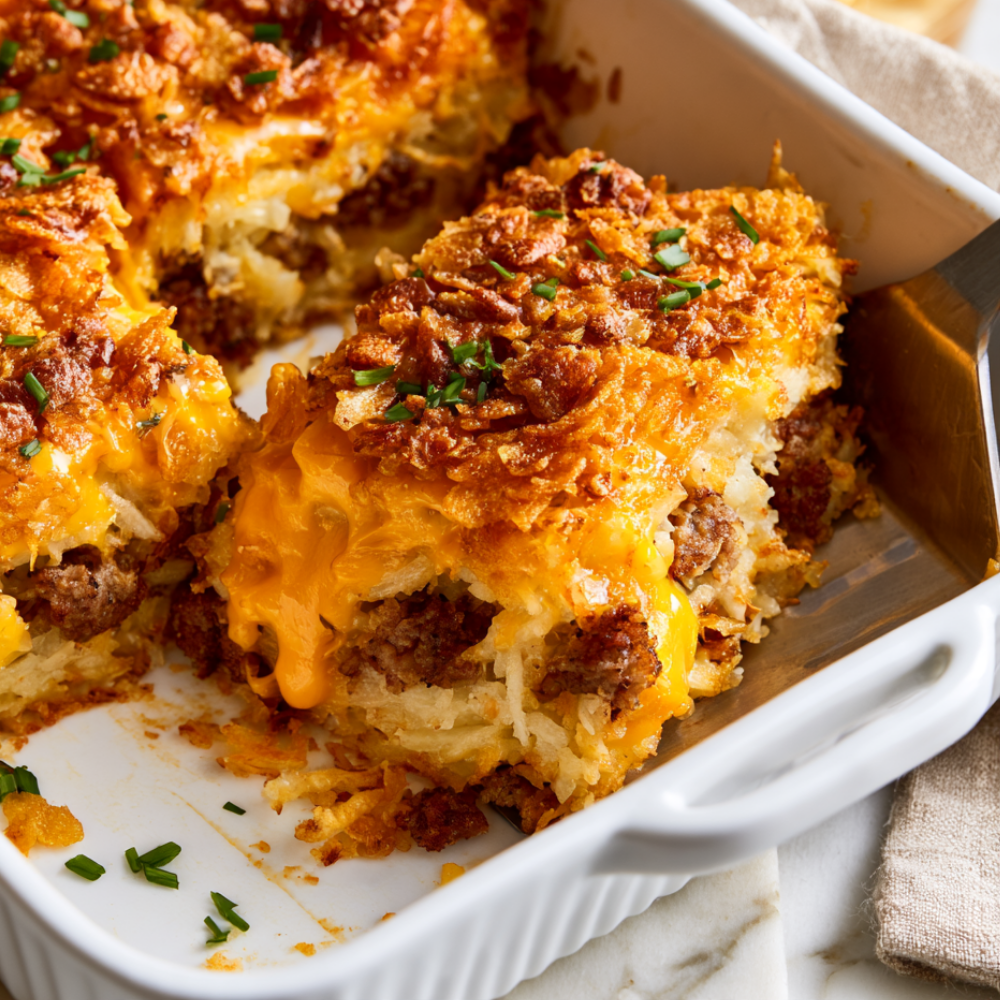 High Protein Hash Brown Cheesy Potato Casserole-sliced