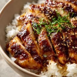 Honey Garlic Chicken Breast Recipe-served over rice-served