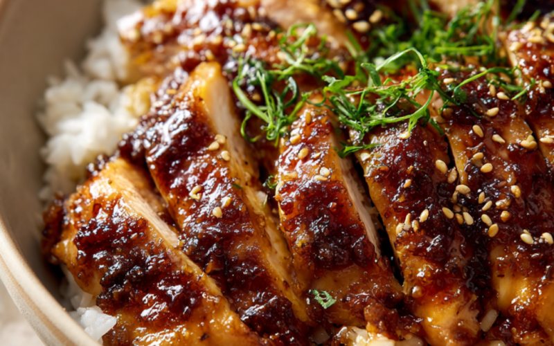 Honey Garlic Chicken Breast Recipe-served over rice-served