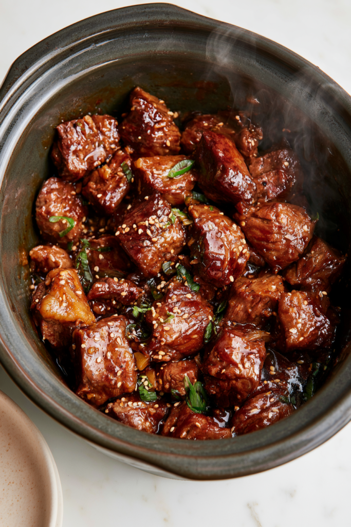 Honey Garlic Steak Bites Crockpot Recipe-before broccoli