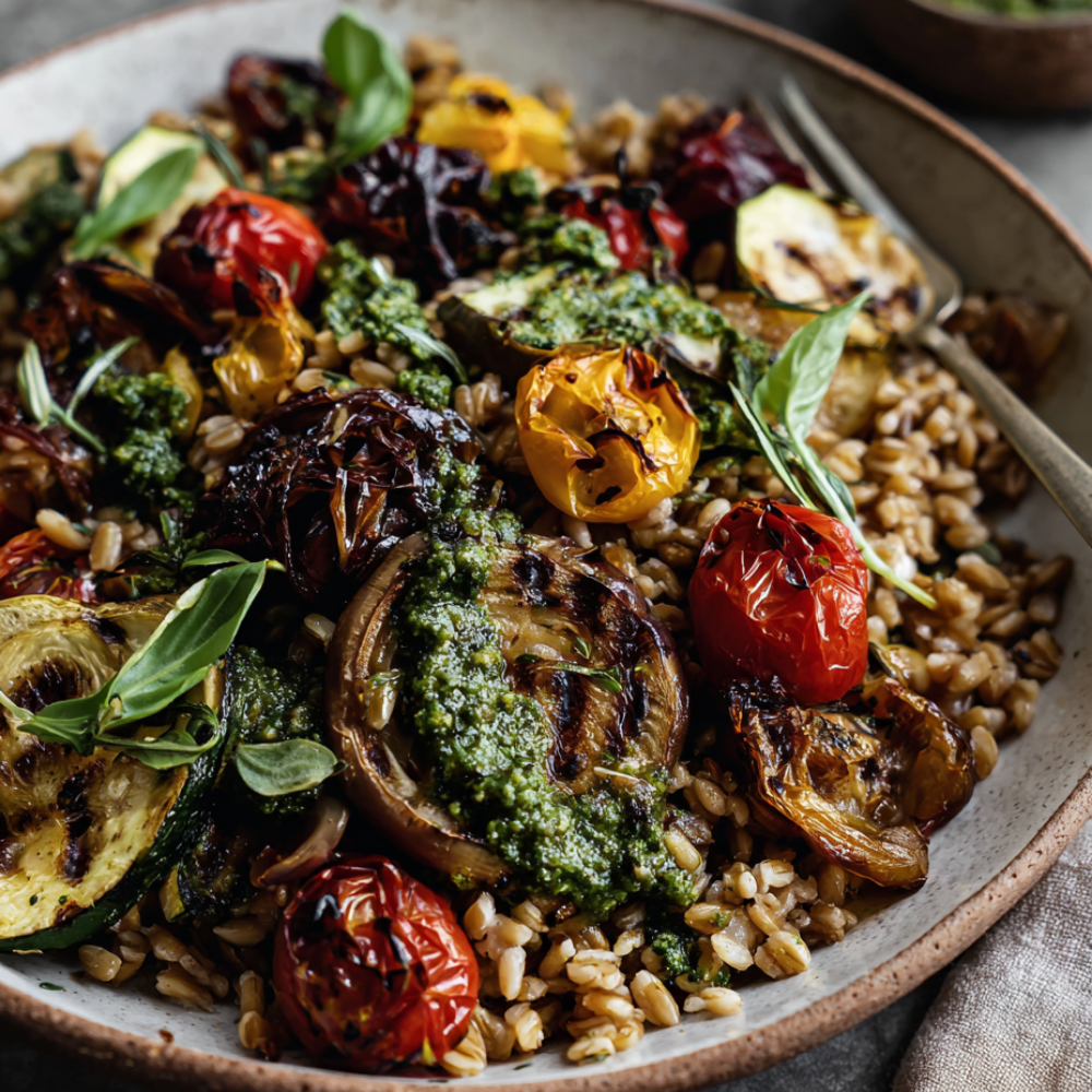 Italian Farro Salad with Roasted Vegetables and Pesto