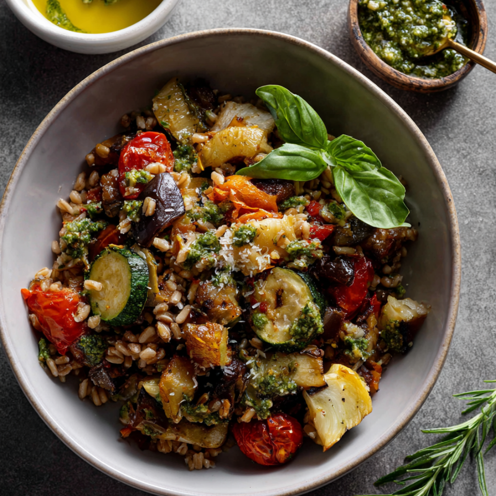 Italian Farro Salad with Roasted Vegetables and Pesto