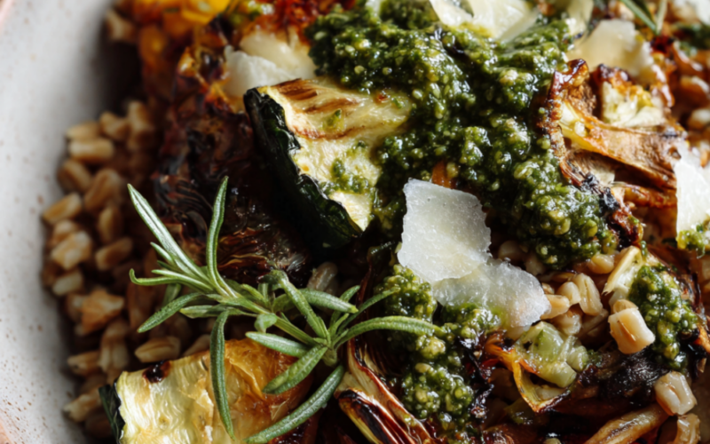 Italian Farro Salad with Roasted Vegetables and Pesto