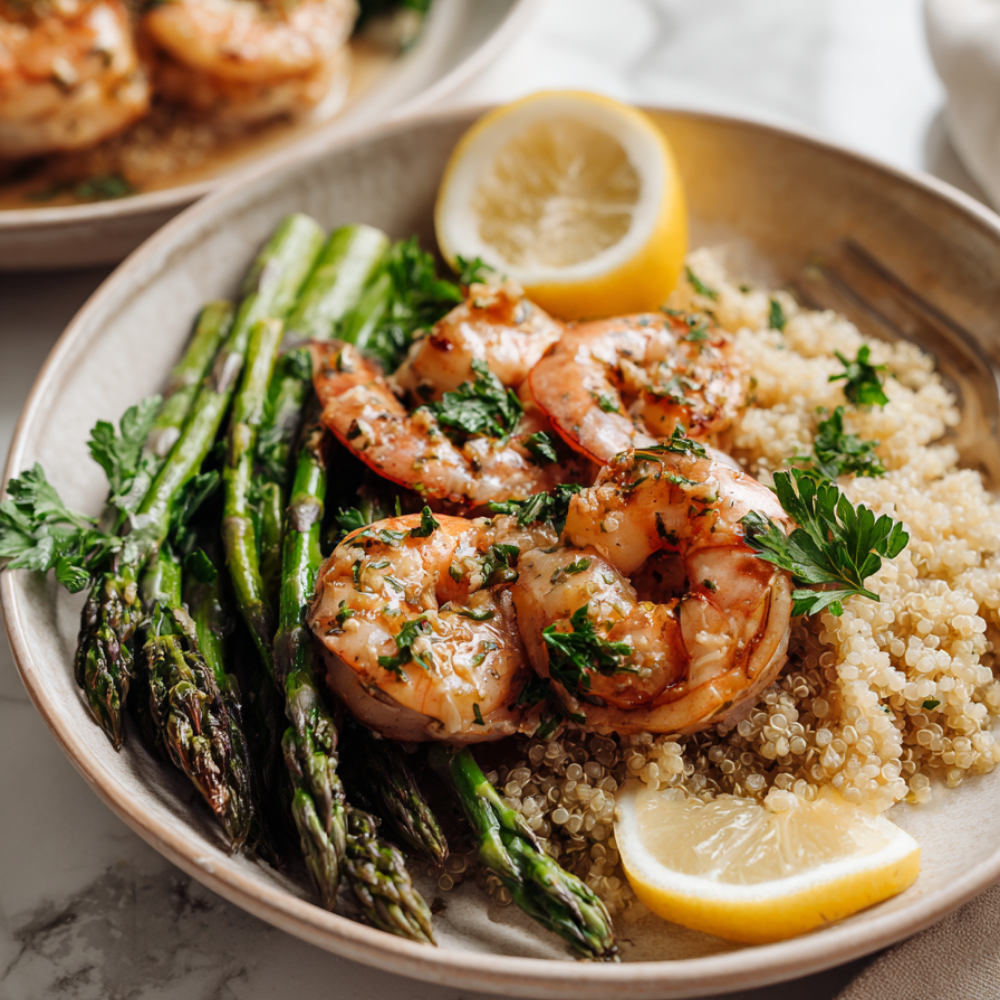 Lemon Garlic Shrimp Quinoa Bowl with asparagus
